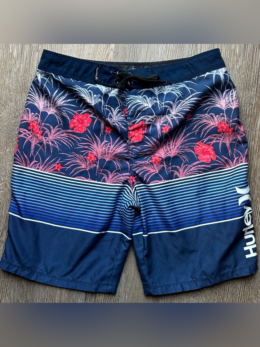 Hurley Men's Navy Swim Trunks with Red Floral Print